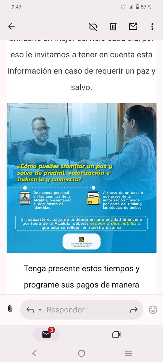 DanielUribe82's tweet photo. @AlcaldiaEnv @personeriaenvig El paz y salvo del predial debería ser entregado en formato digital cuando el pago se hace de forma virtual. ¿Que necesidad hay de ir a una ventanilla?... https://t.co/TGYT91cn1q