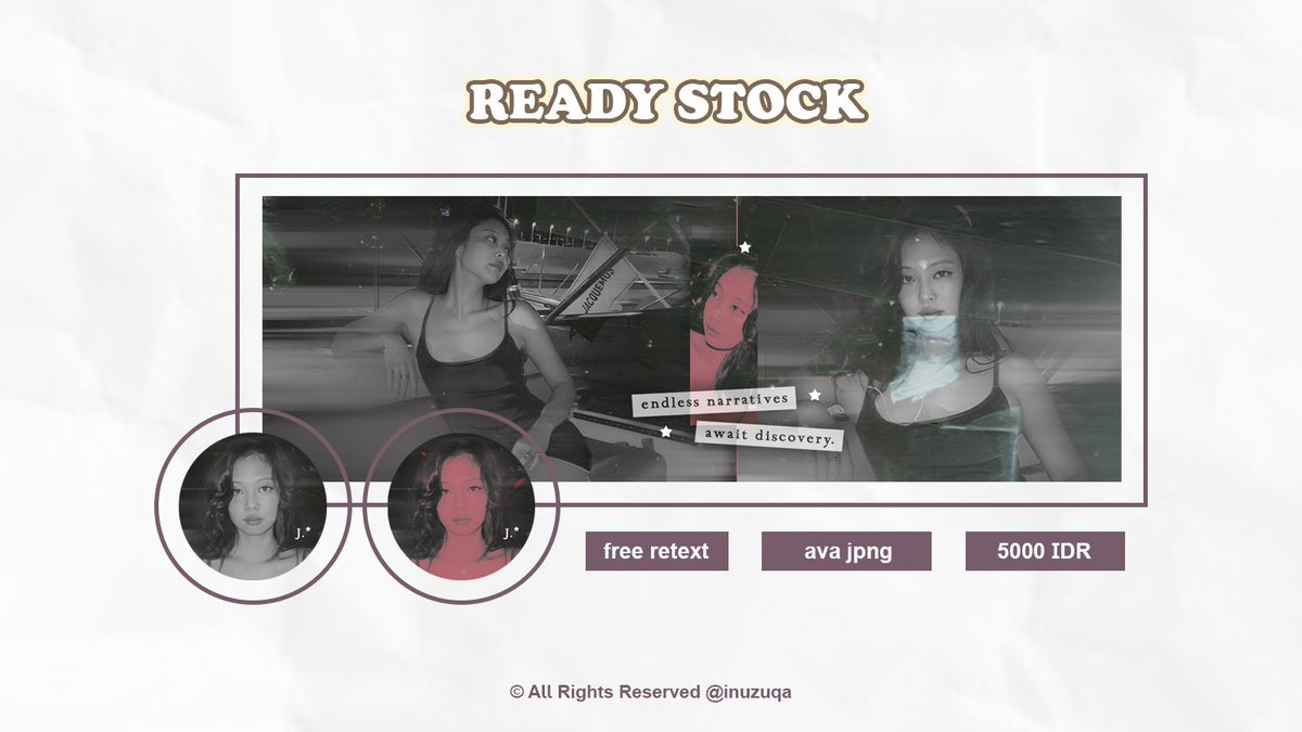 A rt/repost would be appreciated <3

Hai! Aku ada layout rs Jennie dari katalog "Untold". Price 5k, free retext, ava jpng, no recolor. Boleh sung dm untuk take layoutnya 💌

#zonauang