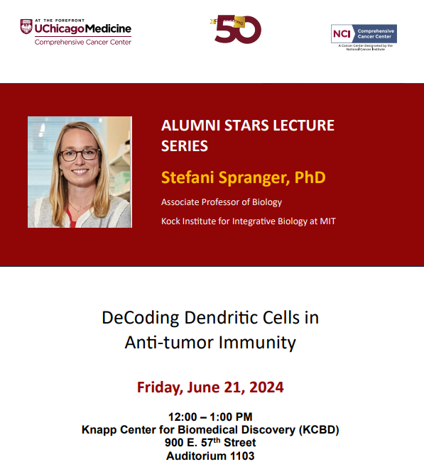 UChicagoCancerCenter (@uccancercenter) on Twitter photo As we celebrate 50th anniversary, <a href="/UCCancerCenter/">UChicagoCancerCenter</a> welcomes Stefani Spranger, PhD (<a href="/stefanispranger/">Stefani Spranger</a>)
as part the "ALUMNI STARS LECTURE SERIES."
Join her today at noon.
#NothingWillStopUs #NCIDesignated #UChiCancer50
<a href="/MIT/">Massachusetts Institute of Technology (MIT)</a> <a href="/UChicagoCCB/">UChicago Committee on Cancer Biology</a> <a href="/UChicagoCOI/">UChicago Committee on Immunology</a>
📍 KCBD, 1103 As we celebrate 50th anniversary, <a href="/UCCancerCenter/">UChicagoCancerCenter</a> welcomes Stefani Spranger, PhD (<a href="/stefanispranger/">Stefani Spranger</a>)
as part the "ALUMNI STARS LECTURE SERIES."
Join her today at noon.
#NothingWillStopUs #NCIDesignated #UChiCancer50
<a href="/MIT/">Massachusetts Institute of Technology (MIT)</a> <a href="/UChicagoCCB/">UChicago Committee on Cancer Biology</a> <a href="/UChicagoCOI/">UChicago Committee on Immunology</a>
📍 KCBD, 1103