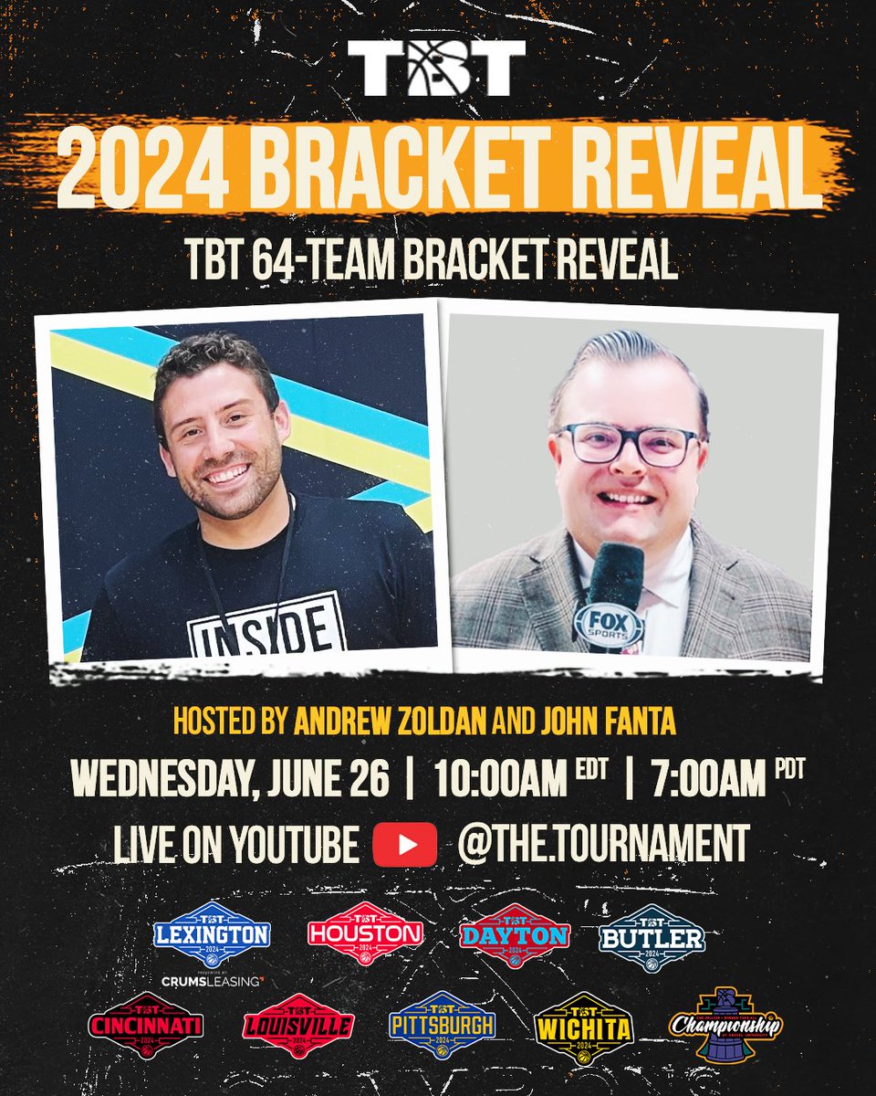 FIVE DAYS UNTIL BRACKETS!!!!!

- 10:00amEDT live on YouTube

- Hosted by <a href="/John_Fanta/">John Fanta</a> &amp; @InsideTbt 

⏰⏰⏰⏰⏰⏰