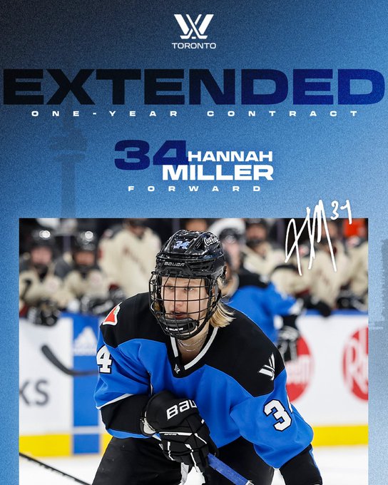 A graphic to communicate Allie Munroe’s contract extension with PWHL Toronto. 

The top half of the graphic has the PWHL Toronto logo and text that reads “Extended. One-year contract. #34, Hannah Miller, Forward.”

The bottom half of the graphic has an action shot of Hannah and her signature in white.

Everything is on a light blue background with a silhouette of the Toronto skyline.