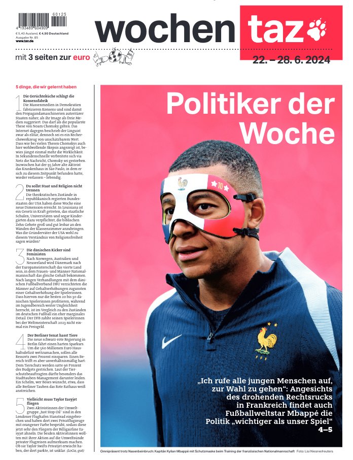 Die <a href="/wochentaz/">wochentaz</a> zu #Mbappé <a href="/tazgezwitscher/">taz</a>