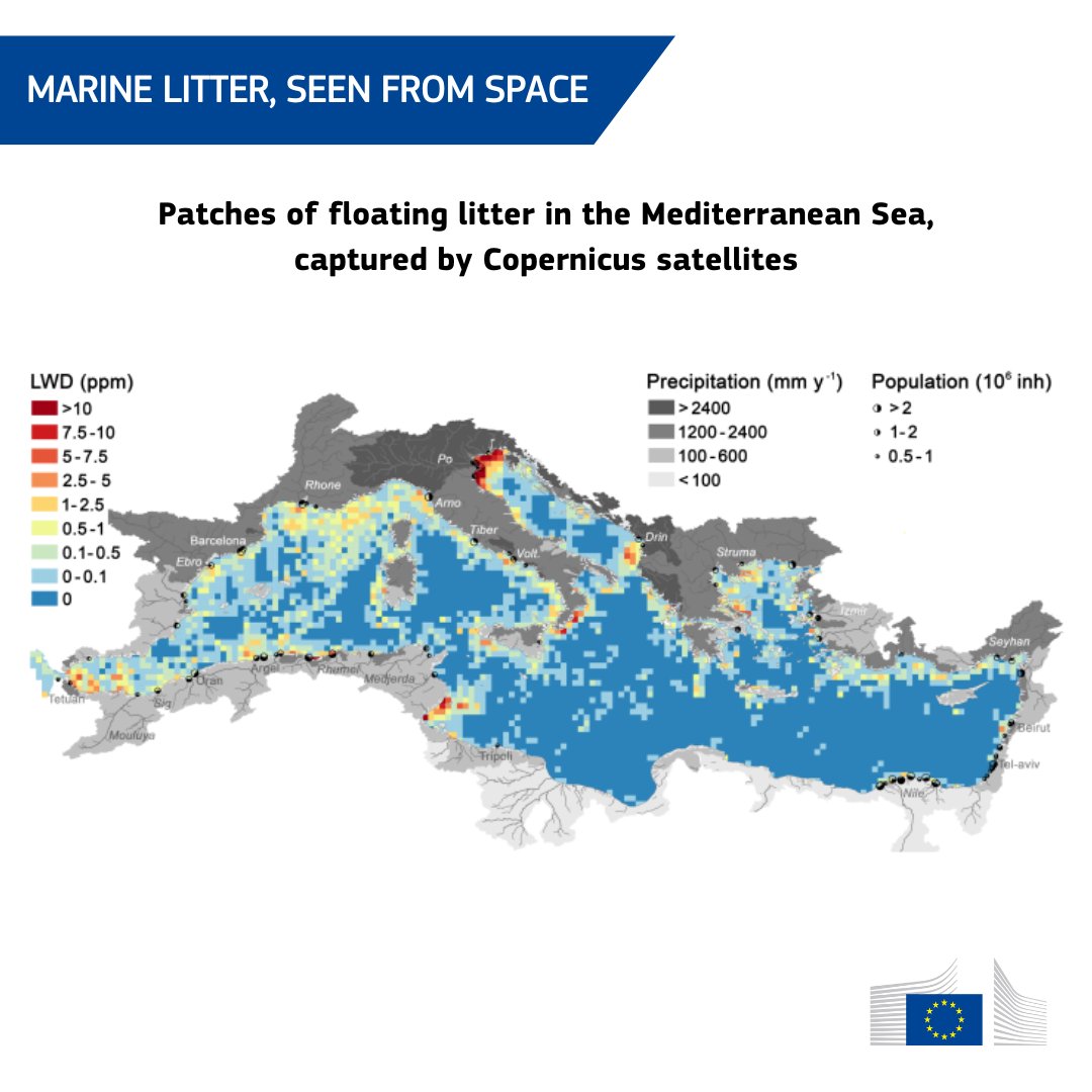🛰️ Satellite data can now be used to detect marine litter from space.

Scientists, including those at <a href="/EU_ScienceHub/">EU_ScienceHub</a>, analysed images from <a href="/CopernicusEU/">Copernicus EU</a> satellites to locate patches of floating litter, also called 'windrows'.

A promising advance in the fight against plastic