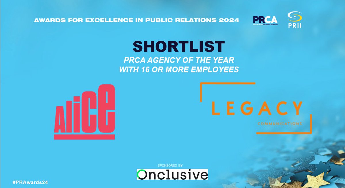PRCA (Ireland) (@prca_ireland) on Twitter photo Shortlisted for the #PRAwards24 <a href="/PRCA_Ireland/">PRCA (Ireland)</a> Agency of the Year (as sponsored by <a href="/Onclusive/">Onclusive</a>) with 16 or more employees are:
@helloalicepr
<a href="/Legacy_Comms/">Legacy Communications</a> Shortlisted for the #PRAwards24 <a href="/PRCA_Ireland/">PRCA (Ireland)</a> Agency of the Year (as sponsored by <a href="/Onclusive/">Onclusive</a>) with 16 or more employees are:
@helloalicepr
<a href="/Legacy_Comms/">Legacy Communications</a>