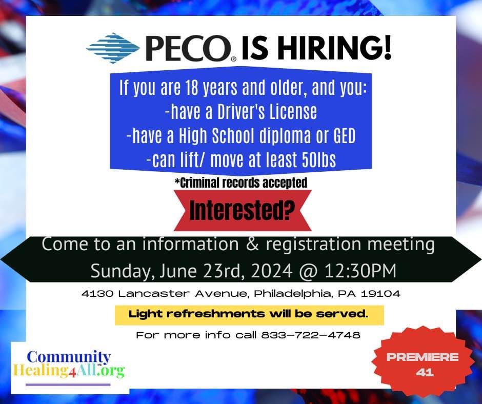ASPIRAINCOFPA's tweet photo. 🚨 PECO IS HIRING! 🚨

18+ with a Driver's License, HS diploma/GED, and able to lift 50lbs? Criminal records accepted!

Info &amp; registration meeting:
📅 June 23, 2024, 12:30 PM
📍 4130 Lancaster Ave, Philly, PA 19104

Light refreshments served. Call 833-722-4748 for more info! 💼 https://t.co/M4WWv7KVrn