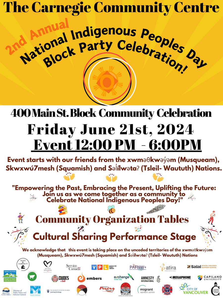 Drop by the Carnegie Community Centre National Indigenous Peoples Day block party this afternoon and sign some <a href="/AmnestyNow/">AmnestyCanada</a> petitions in support of Indigenous land defenders and learn about other current campaigns and actions. #wetsuwetenstrong