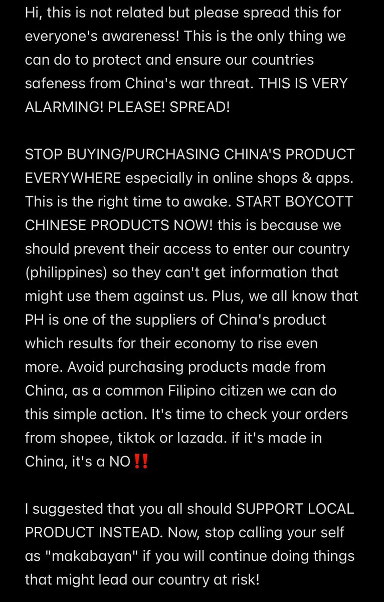 raceraeri's tweet photo. No matter how big your account is, talk about the ongoing conflict between China and the Philippines over our waters. We must claim what is rightfully ours. #AtinAngWestPhilippineSea
#Boycottchineseproducts https://t.co/R6jAY5WTB7