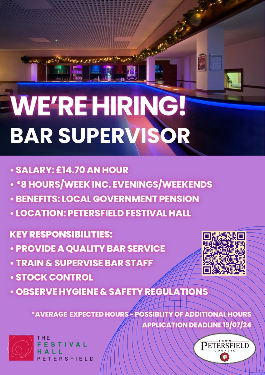 📢Job Vacancy Alert! 
Position: Bar Supervisor
Location: Petersfield Festival Hall
Application Deadline: 19/07/24
If you have a passion for hospitality and want to let your character shine, we would love to hear from you! 
👉uk.indeed.com/q-petersfield-…...
#JobVacancy #BarSupervisor