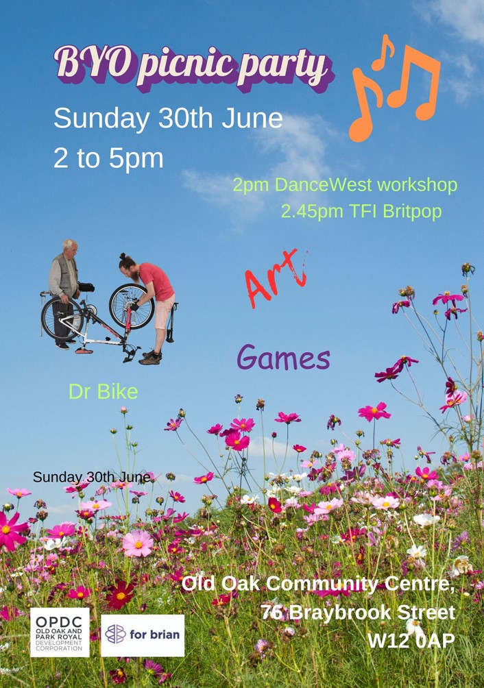Join <a href="/ForBrian_/">For Brian</a> for a BYO picnic party which will be packed with a variety of exciting activities including art, a <a href="/DanceWest1/">DanceWest</a> workshop, and games! 🙌 🎨 

📅 Sunday 30th June
⏰ 2 - 5pm
📍 Old Oak Community Centre, W12 0AP

Supported by OPDC's Small Grants Scheme.