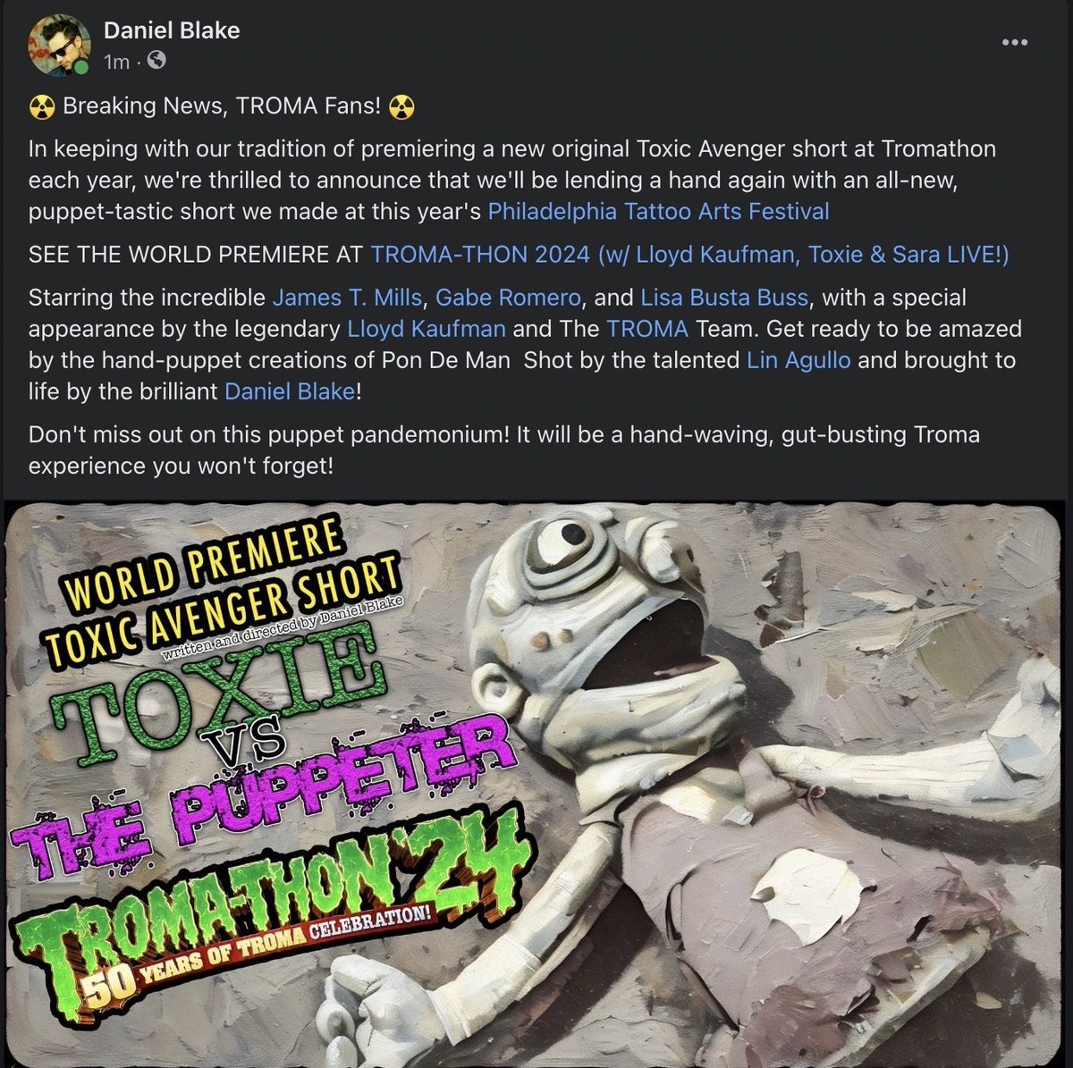 Daniel Blake (DanTheTromite) (@danthetromite) on Twitter photo WORLD PREMIERE TOXIE SHORT AT TROMATHON 24. <a href="/Troma_Team/">ᴛʀᴏᴍᴀ ᴇɴᴛᴇʀᴛᴀɪɴᴍᴇɴᴛ</a> <a href="/TromaNOWApp/">𝐓𝐫𝐨𝐦𝐚 𝐍𝐎𝐖!</a> <a href="/TromaArmy/">Troma Army</a> <a href="/lloydkaufman/">Lloyd Kaufman</a> <a href="/MahoningDIT/">The Mahoning Drive-In Theater</a> <a href="/JustySilverman/">Justin Silverman @ PAX East</a> WORLD PREMIERE TOXIE SHORT AT TROMATHON 24. <a href="/Troma_Team/">ᴛʀᴏᴍᴀ ᴇɴᴛᴇʀᴛᴀɪɴᴍᴇɴᴛ</a> <a href="/TromaNOWApp/">𝐓𝐫𝐨𝐦𝐚 𝐍𝐎𝐖!</a> <a href="/TromaArmy/">Troma Army</a> <a href="/lloydkaufman/">Lloyd Kaufman</a> <a href="/MahoningDIT/">The Mahoning Drive-In Theater</a> <a href="/JustySilverman/">Justin Silverman @ PAX East</a>