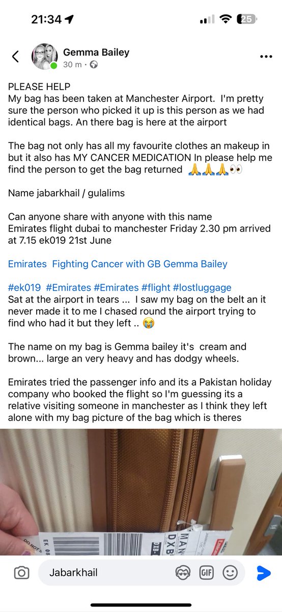 Anyone flown from #Dubai to #Manchester today flight EK019? My friend’s case has been taken in error and it had all her cancer medication in. Name on label is Jabarkhail/Gulalims. 

Name on case taken in error is Gemma Bailey. 

<a href="/manairport/">Manchester Airport</a> <a href="/manairportPRESS/">manairportPRESS</a>