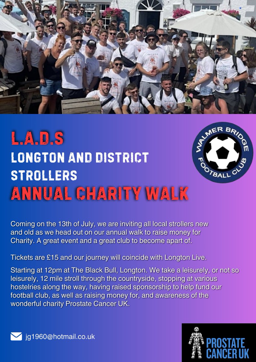It's that time of year we're we come together and walk for our chosen charity. This year we walk for <a href="/ProstateUK/">Prostate Cancer UK</a> and help support our grassroots football club.

To get involved, simply click the below 👇

🗓 13th July
📍12pm - Blackbull, Longton

tinyurl.com/3fdh7au8
