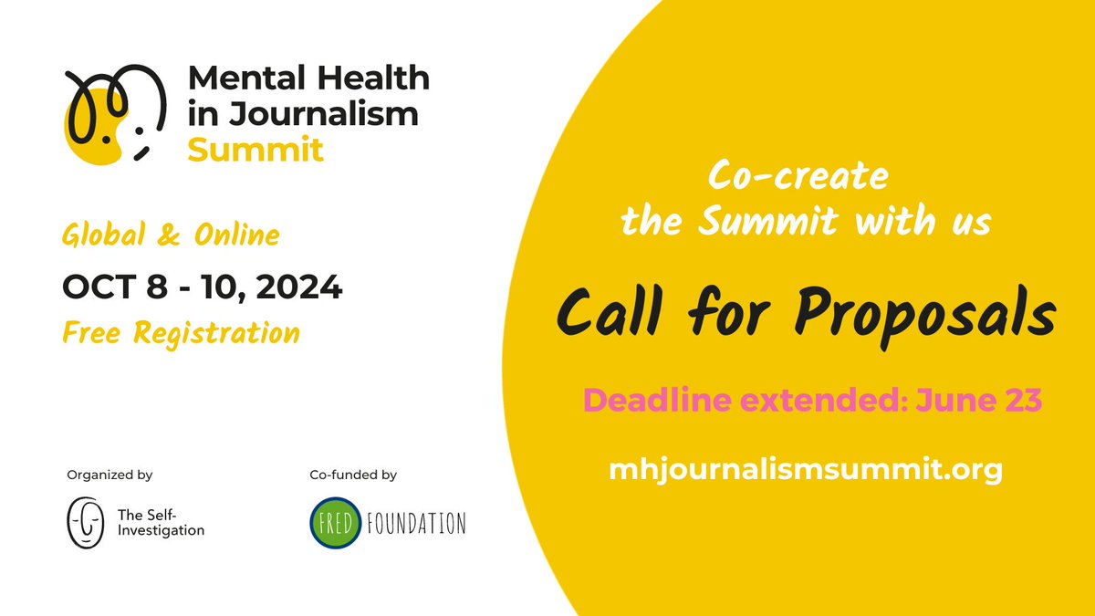 PENamerica's tweet image. Journalism is a profession with significant occupational hazards, including online abuse and secondary trauma. Check out @selfinvestigate&apos;s Mental Health in Journalism Summit, and make sure to submit a proposal by June 23rd theselfinvestigation.com/summit/#propos… #MHJS24