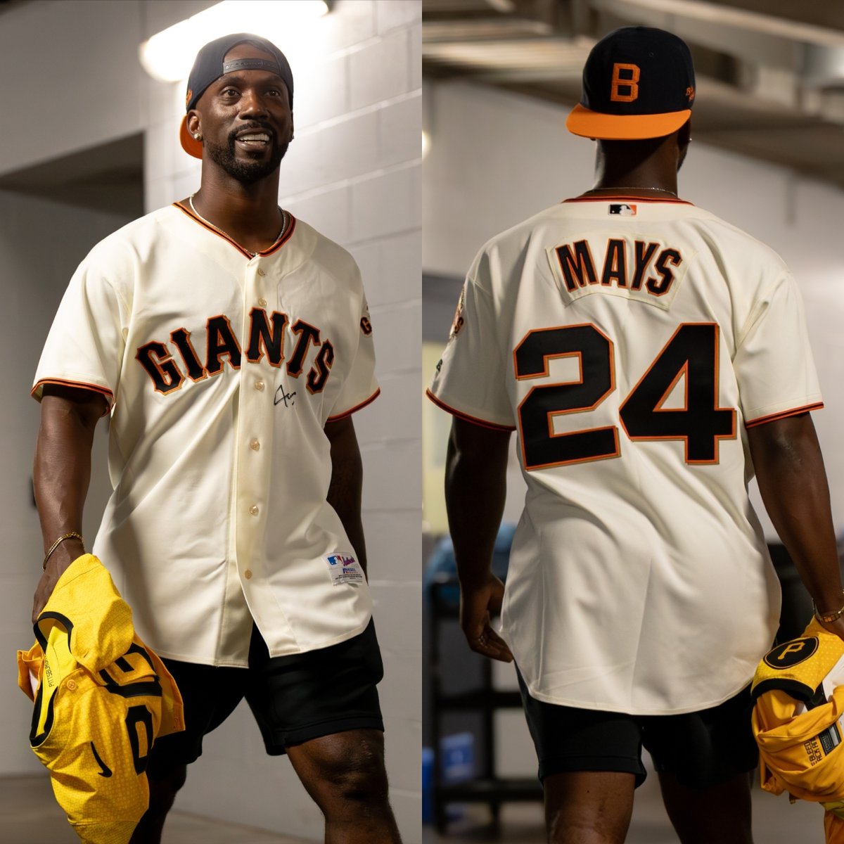MLB's tweet photo. Andrew McCutchen pulled up to the game today wearing a signed Willie Mays jersey 🧡 https://t.co/kUboQzibYf