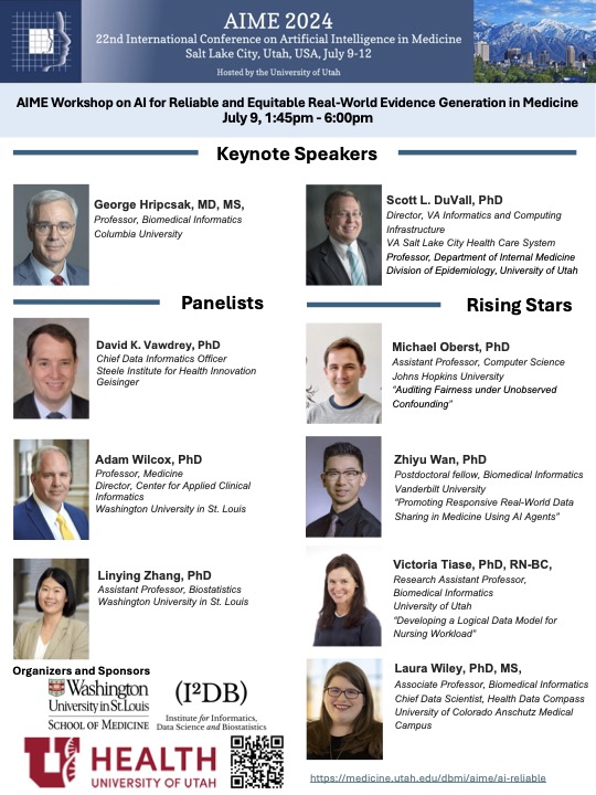 📢 Excited to announce the "AI for Reliable and Equitable Real-World Evidence Generation in Medicine" workshop at #AIME2024 on July 9, 2024, in Salt Lake City! 🌟 Join experts from informatics, biostatistics, computer science, and more as we explore AI's transformative role in