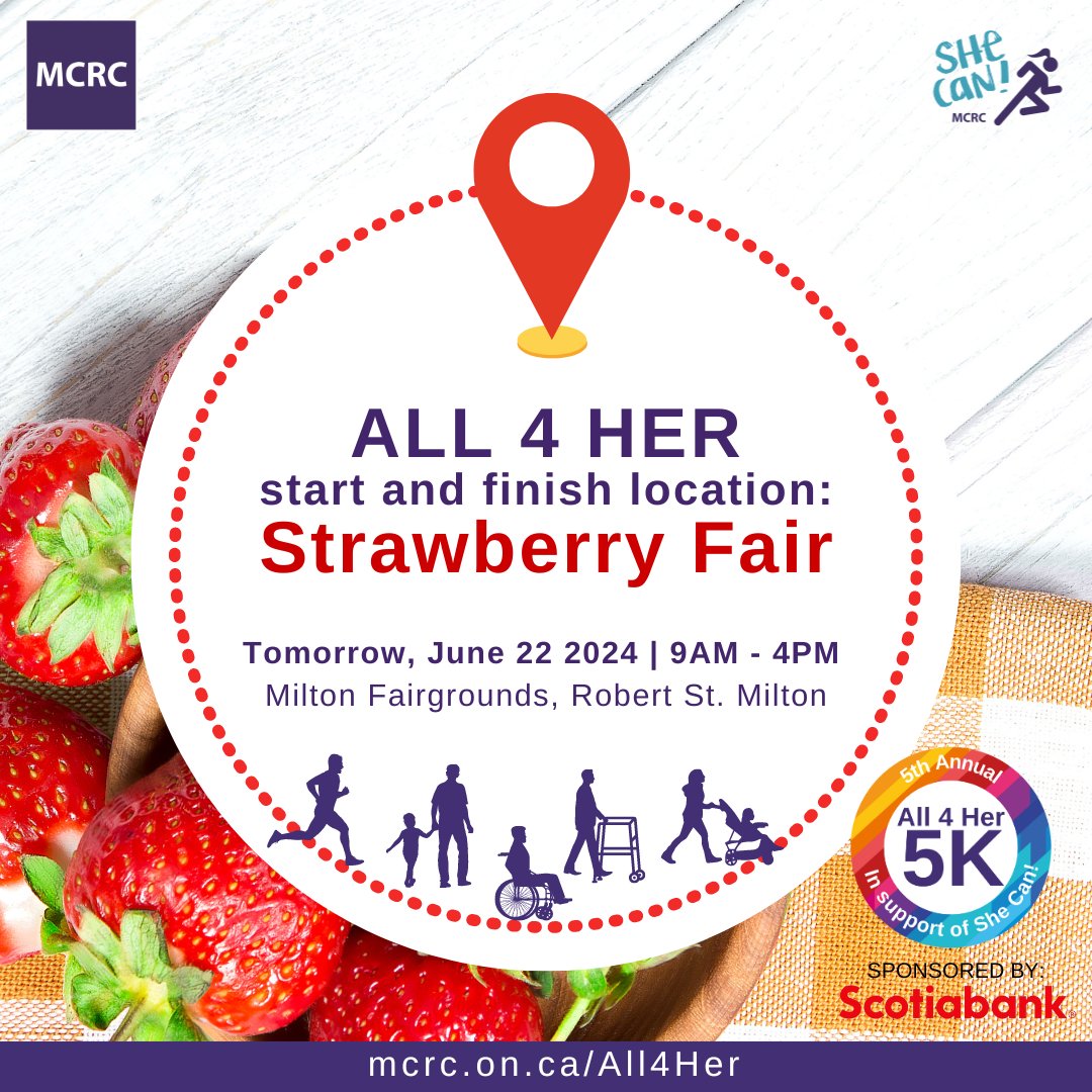 We're exited to see you tomorrow! Don't forget to register, visit mcrc.on.ca/all4her to sign up and find our more about All 4 Her and the She Can! Programs.

#All4Her #5k #5kFundraiser #CommunitySupport #GiveBack #SheCan #Donate #StrawberryFair #Milton