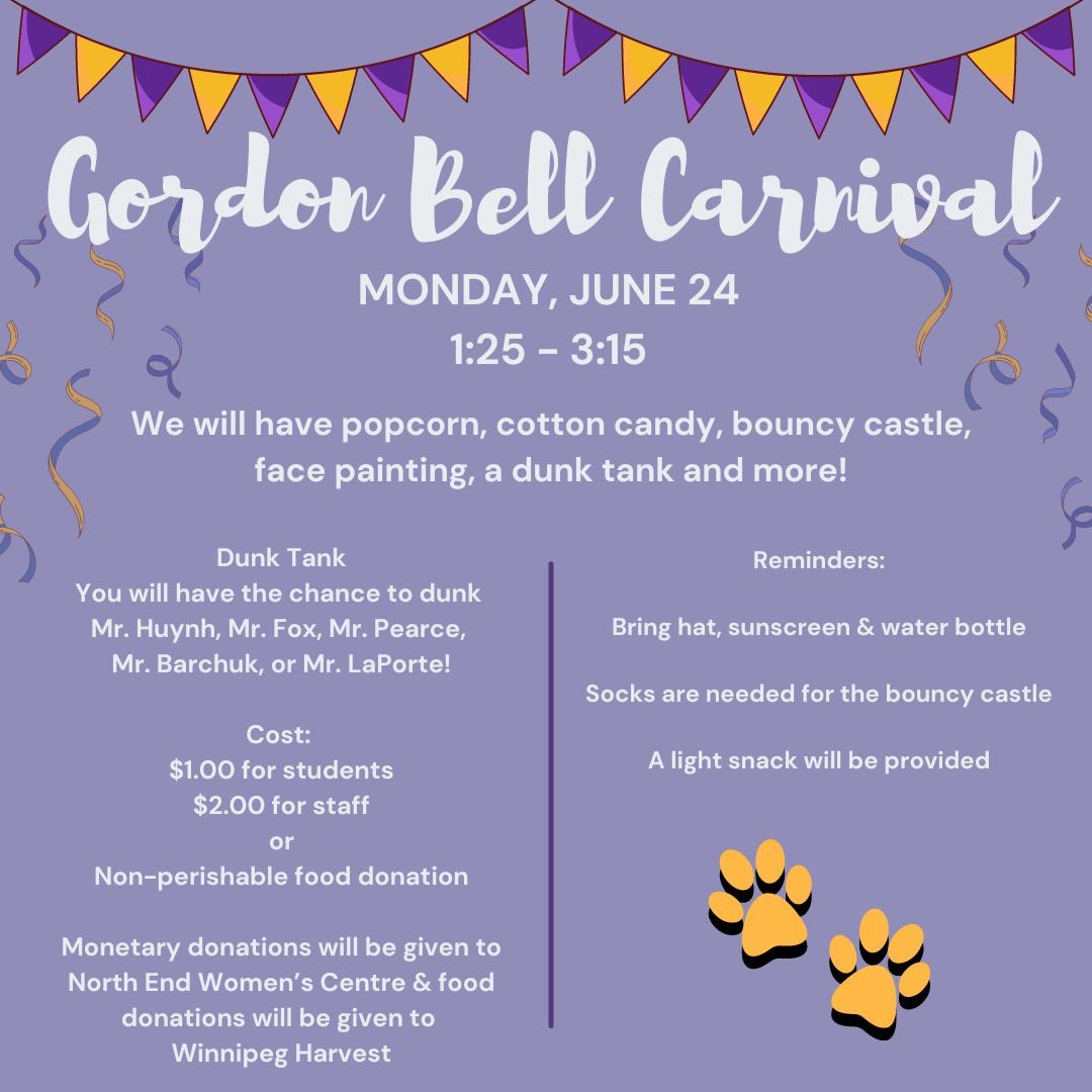 GB Carnival!!! 😎

🍿 Popcorn!
🌊 Dunk tank!
🌪️ Cotton Candy!
🏰 Bouncy Castle
🎨 Face Painting and more!!!

#gordonbell #winnipegsd