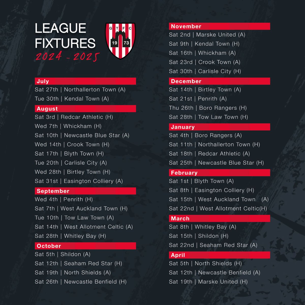 guistownfc's tweet photo. 𝟮𝟬𝟮𝟰/𝟮𝟱 𝗙𝗜𝗫𝗧𝗨𝗥𝗘𝗦

Here are our fixtures for the 2024/25 season!

We start with a trip to Northallerton on Saturday 27th July.

The season finishes on Saturday 19th April with a home tie against Marske United. https://t.co/mIbShZcQrS