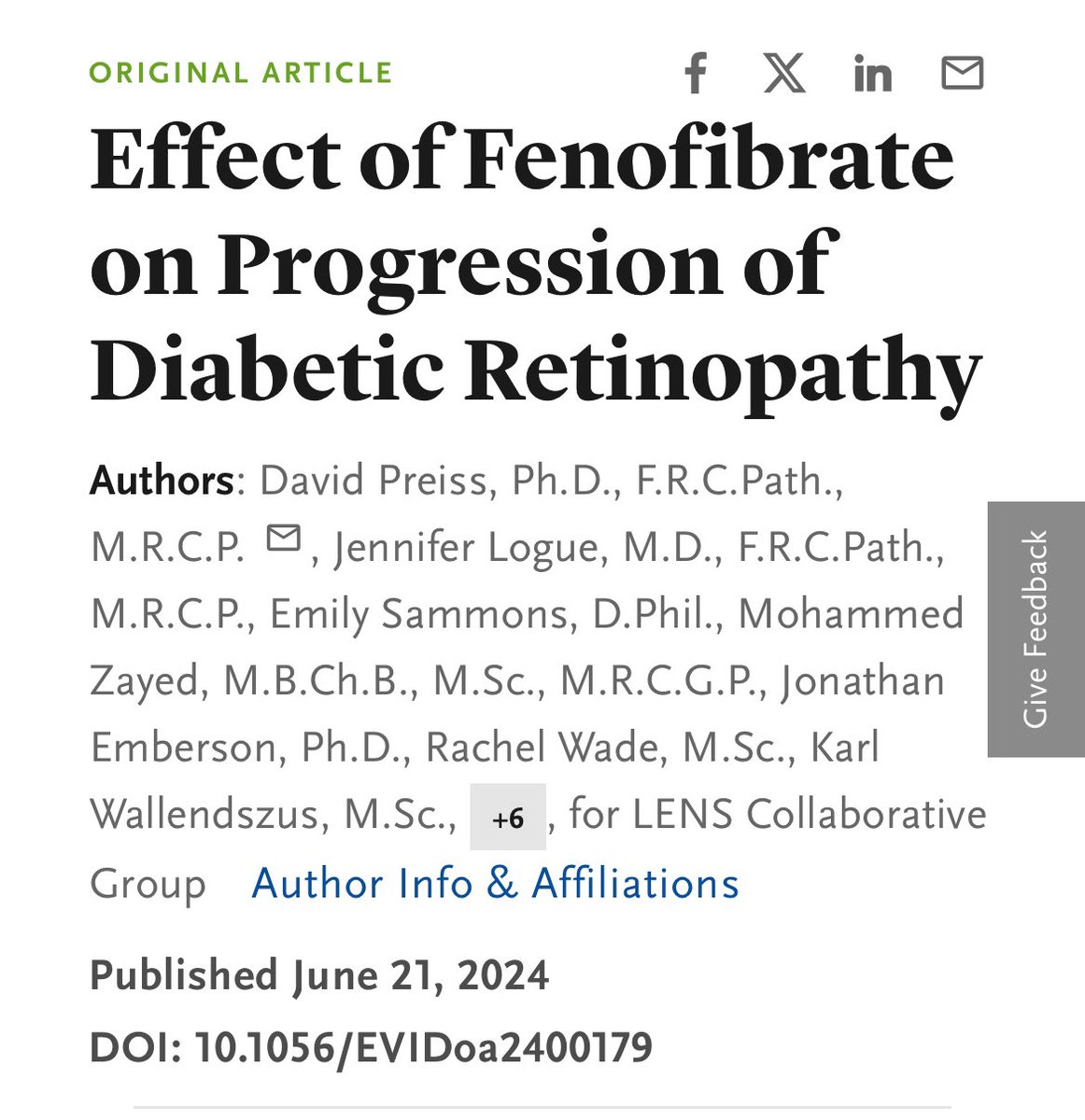 Fenofibrate 145mg in early diabetic retinopathy or maculopathy for 4 years reduced progression of #retinopathy by 27% and reduced development of diabetic macular edema. Let’s rediscover an old friend! An oldie but a goodie! #ADASciSessions evidence.nejm.org/doi/full/10.10…