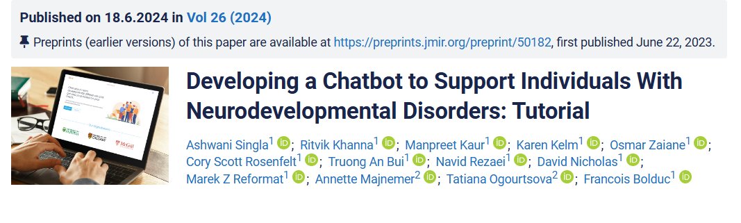 Check-out our new publication in collaboration with University of Alberta
👇👇🚩
Developing a Chatbot to Support Individuals With Neurodevelopmental Disorders: Tutorial pubmed.ncbi.nlm.nih.gov/38888947/