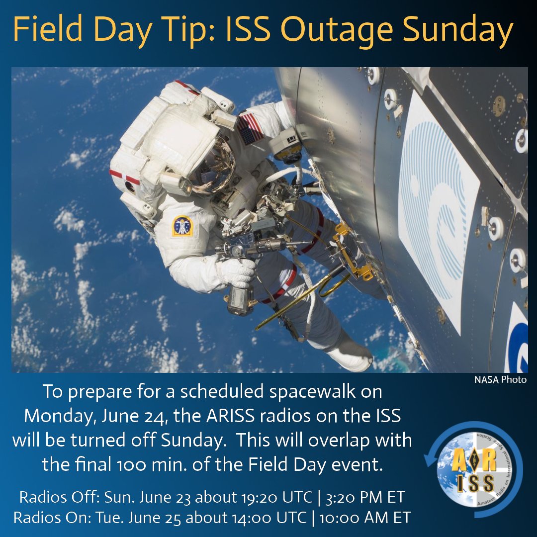 ARISS_Intl's tweet photo. In about one hour the ham radio equipment on the @Space_Station will be turned off in preparation for Monday's spacewalk.  

#ARRLFD #HamRadio https://t.co/W1mKGZJ6sI