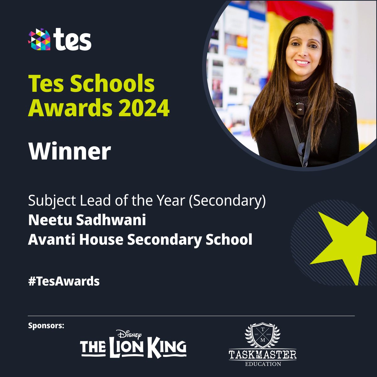Well done to Neetu Sadhwani <a href="/AvantiSchools/">Avanti Schools Trust</a> for winning the Secondary Subject Lead of the Year award 🥳

You and your school should be very proud!#TesAwards