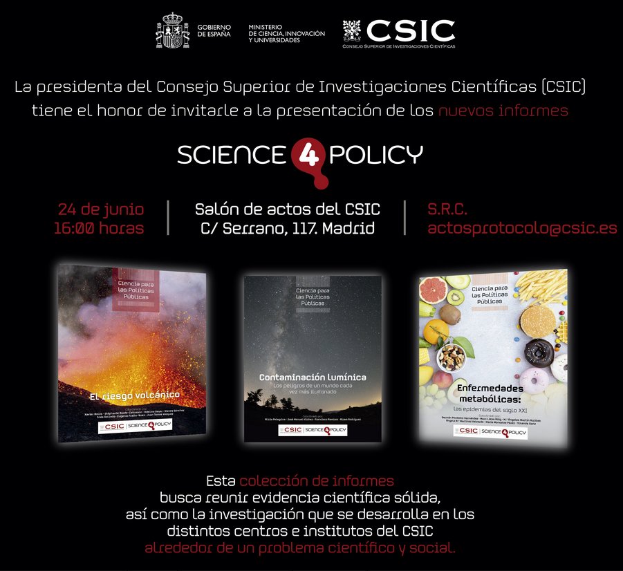 Eloísa del Pino (@delpinoe) on Twitter photo 🤔¿Qué puede hacer un decisor público ante...?
🌋El Riesgo Volcánico
🛰️La contaminación lumínica
🍔Enfermedades metabólicas: las epidemias del s XXI
L@s científic@s del <a href="/CSIC/">CSIC</a> presentan 3 nuevos Informes #CienciaParaLasPolíticas:
Lunes 24/6 a las 16h C/Serrano 117, Madrid 🤔¿Qué puede hacer un decisor público ante...?
🌋El Riesgo Volcánico
🛰️La contaminación lumínica
🍔Enfermedades metabólicas: las epidemias del s XXI
L@s científic@s del <a href="/CSIC/">CSIC</a> presentan 3 nuevos Informes #CienciaParaLasPolíticas:
Lunes 24/6 a las 16h C/Serrano 117, Madrid
