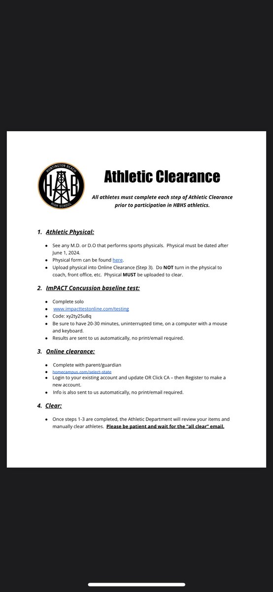 Huntington Beach HS Athletic Training Program (@hbhsat) on Twitter photo Oilers- clearance is due in 🔟 days! Please read ALL of the instructions. Most clearance questions are answered on this form. <a href="/HB_OilerSports/">HB Oiler Athletics</a> Oilers- clearance is due in 🔟 days! Please read ALL of the instructions. Most clearance questions are answered on this form. <a href="/HB_OilerSports/">HB Oiler Athletics</a>