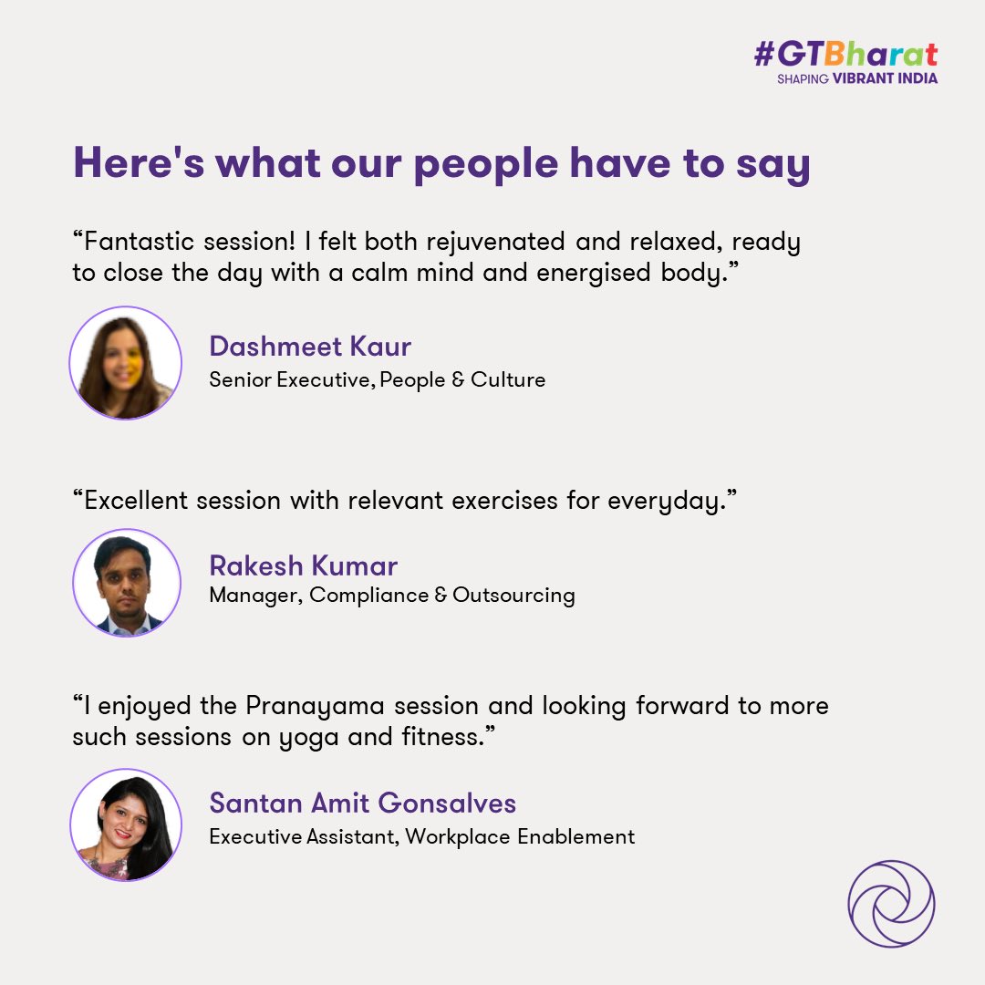 GrantThorntonIN's tweet image. This #InternationalDayOfYoga, we focused on #BeHereNow with our #FitnessThursday: Pranayama session through a series of breathing exercises and meditation techniques that left us feeling refreshed and recharged. 

#YogaForLife #TeamWellness #HealthyLiving #CorporateWellness