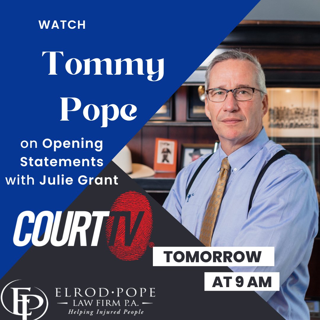 ElrodPope's tweet image. 📢 TOMORROW! 📷@TommyPopeSC is joining @JulieCourtTV on @COURTTV's #OpeningStatements to analyze ongoing cases before court resumes. 📷📷 Tune in for a captivating legal discussion! 📷 #ElrodPope #HelpingInjuredPeople 
#CourtTV #LegalDiscussion #LocalMatters