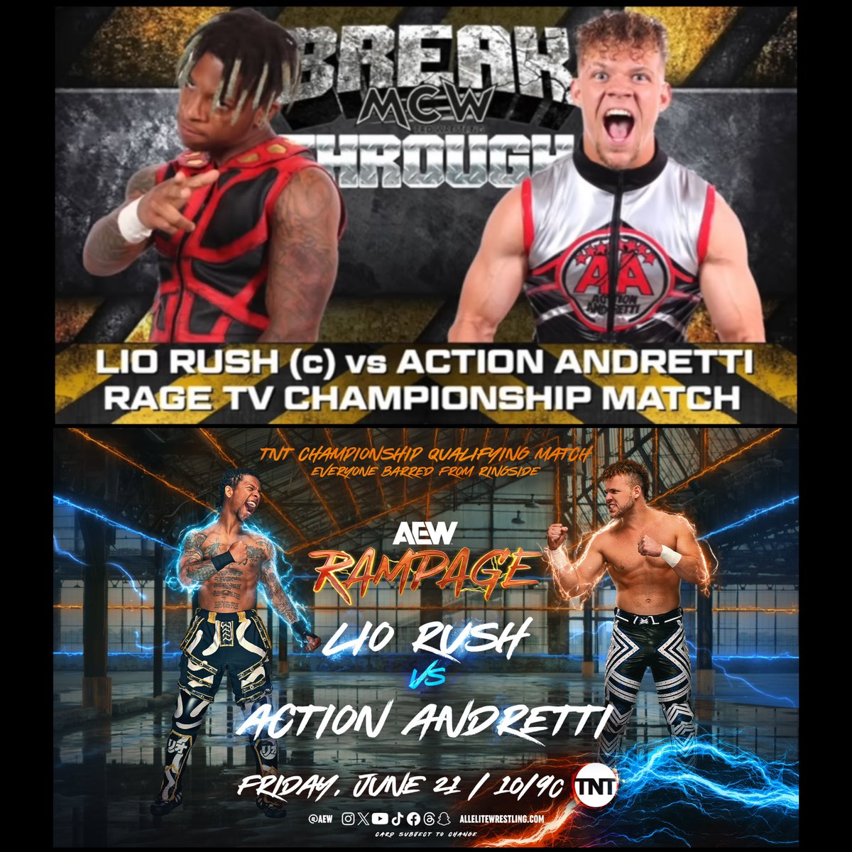 MCWWrestling's tweet photo. #FlashbackFriday ♨️ Before they meet tonight on #AEWRampage, check out the first encounter between @IAmLioRush &amp; @ActionAndretti for the #MCWRageTV Title from Episode 3️⃣ of #MCWBreakthrough back in July 2021‼️

👉 https://t.co/HvbXLjboDa 👈

#AEW #AEWonTBS #AllEliteWrestling https://t.co/oM08WfDkzj