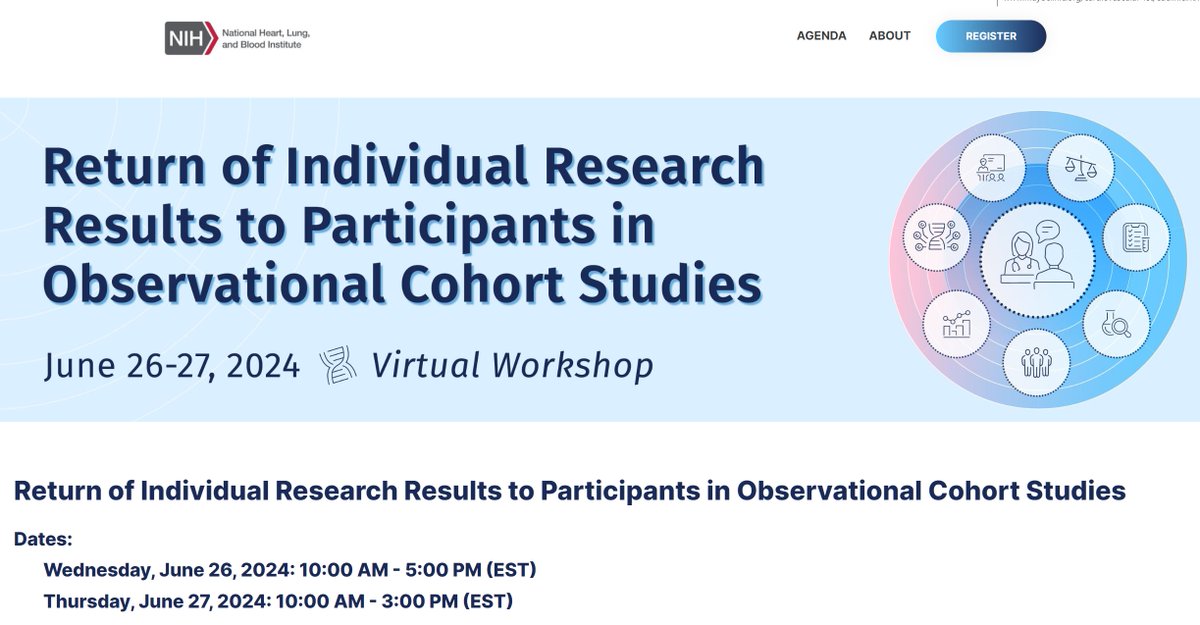 Please join us for NHLBI's 2-day virtual workshop 
“Return of Individual Research Results to Participants in Observational Cohort Studies” June 26-27.   
Focuses on incidental genomic results

Link for the agenda &amp; registration below
tinyurl.com/tru8es3t

<a href="/nih_nhlbi/">NIH NHLBI</a> <a href="/NHGRI/">NHGRI</a>