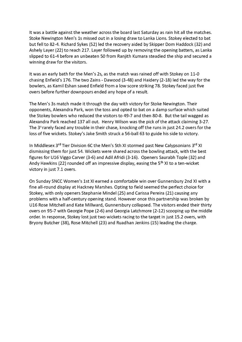 StokeyCricket's tweet image. @StokeyCricket Results round-up Week 6 
Richard Sykes hits back to back 50’s as the Men’s 1s are foiled by the weather. 
@DriveWAGONEX 
#attheheartofhackneycricket 
📷 @RobLowPhoto