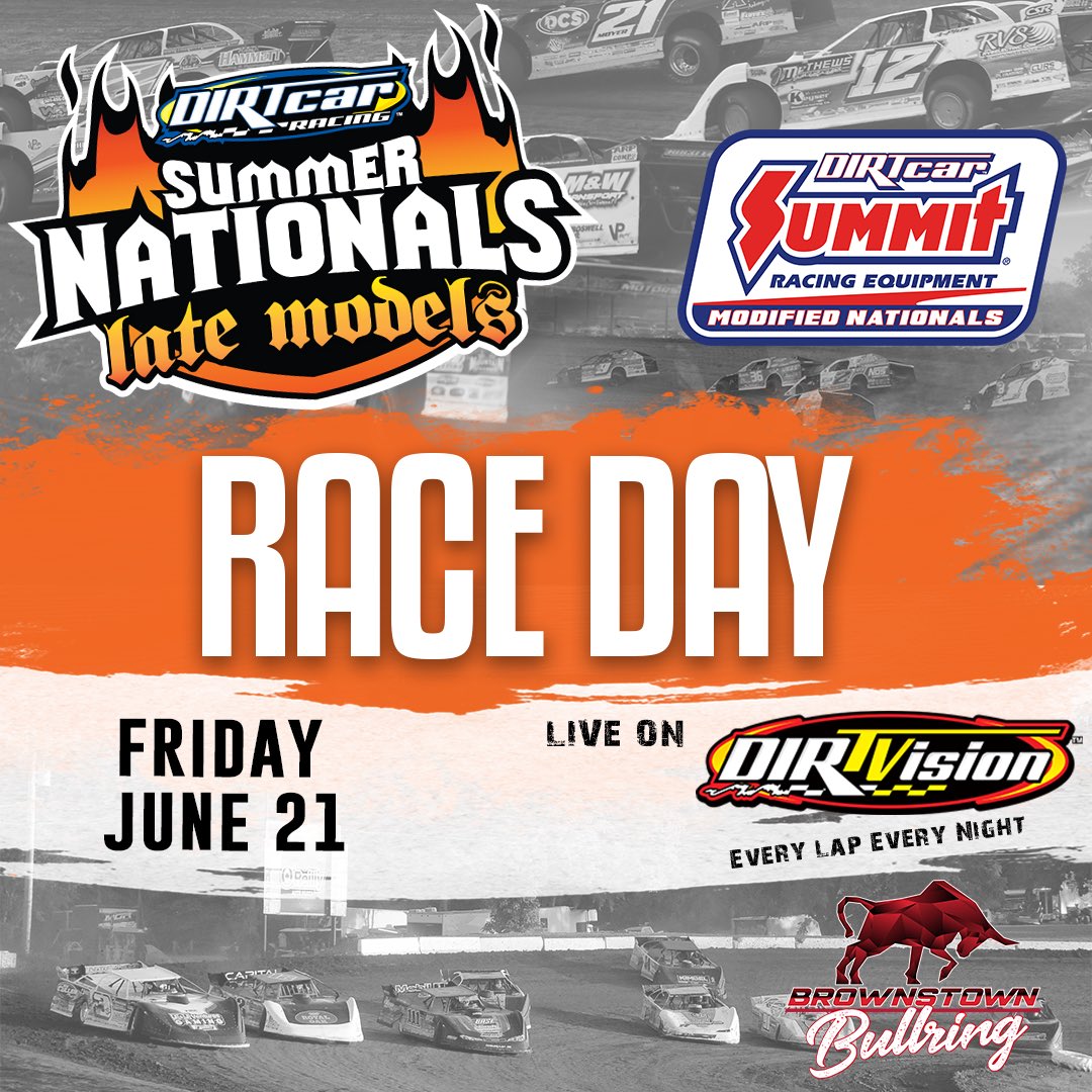 DIRTcar Summer Nationals (@summernationals) on Twitter photo Another day means another Race Day‼️
The Summer Nationals head to <a href="/brownstownbull/">Brownstown Bullring</a> for the fourth race of Week 2.
Hot Laps are scheduled for 7:30 p.m. local.
Get tickets at the gate or watch it all on <a href="/dirtvision/">DIRTVision</a>. Another day means another Race Day‼️
The Summer Nationals head to <a href="/brownstownbull/">Brownstown Bullring</a> for the fourth race of Week 2.
Hot Laps are scheduled for 7:30 p.m. local.
Get tickets at the gate or watch it all on <a href="/dirtvision/">DIRTVision</a>.