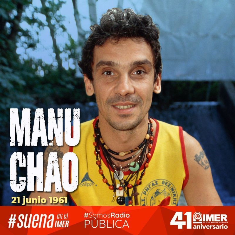 imerhoy's tweet photo. ¡Hoy cumple 63 años Manu Chao! 🎶🪘

El músico y cantautor franco-hispano inició con sus amigos y su hermano Antoine Chao, la banda Mano Negra hasta su separación en 1995, cuando inició como solista. ¡Felicidades al ciudadano del mundo! 🥳

@manuchao #SuenaIMER #SomosRadioPública https://t.co/gEKyOwtJXq