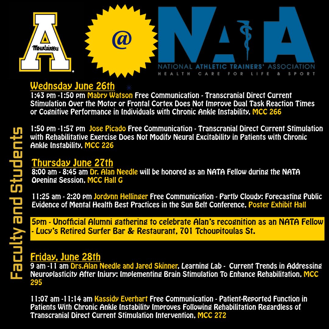 App State AT Program (@appstateatp) on Twitter photo Going to #NATA2024 next week? There's a chance to see App State students & faculty each day! We'll also be gathering at 5pm on Thursday to informally catch-up.(Please comment, message or email to give <a href="/JSebertHoward/">Jennifer S. Howard</a> a heads up if attending.)
#AppStateMSAT
<a href="/DrNeedleATC/">Alan Needle</a> Going to #NATA2024 next week? There's a chance to see App State students & faculty each day! We'll also be gathering at 5pm on Thursday to informally catch-up.(Please comment, message or email to give <a href="/JSebertHoward/">Jennifer S. Howard</a> a heads up if attending.)
#AppStateMSAT
<a href="/DrNeedleATC/">Alan Needle</a>