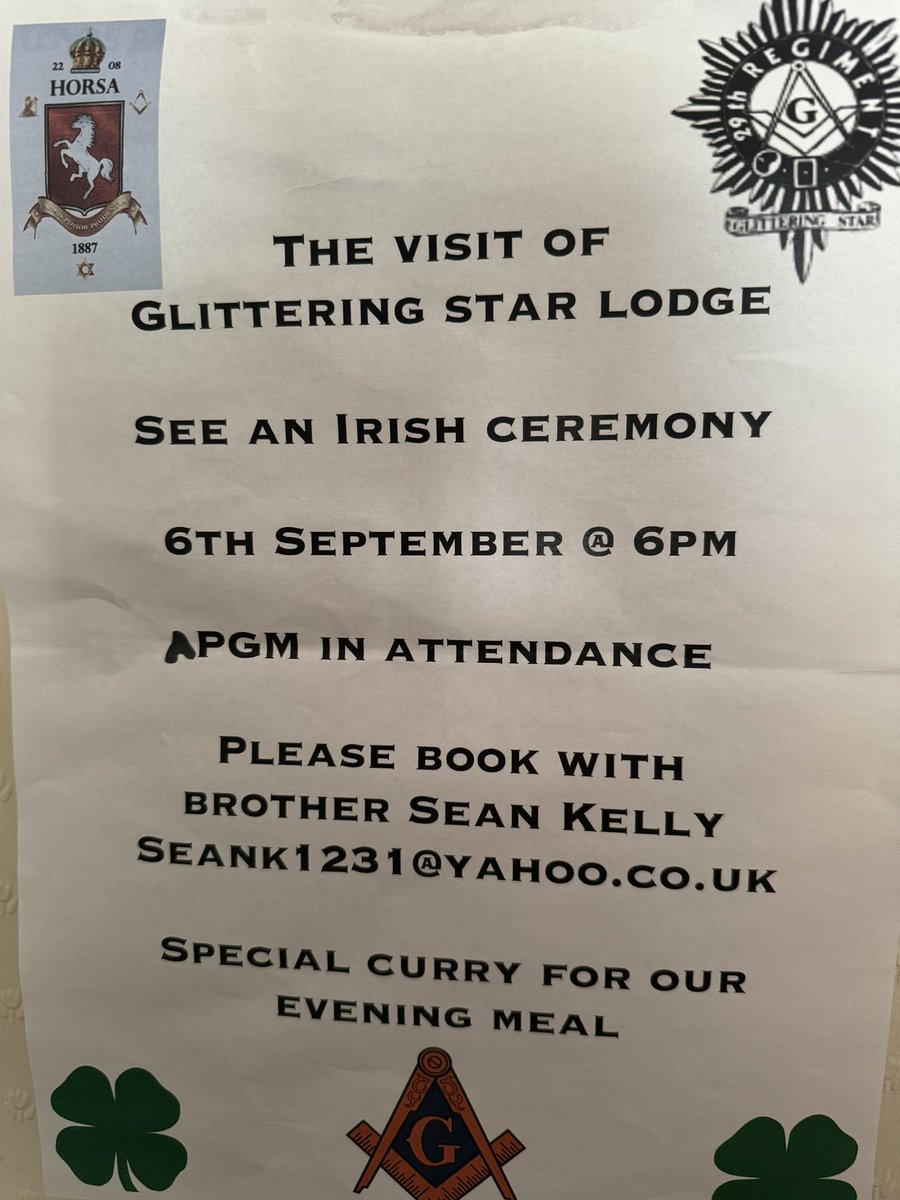 Horsa2208's tweet photo. September Meeting
We are now on our summer break but will be back on the 6th September at 18:00 for a visit by Glittering Star Lodge who will be doing a 3rd degree ceremony under the Irish Constitution. Interested see poster. https://t.co/r8Gwr8UmwN