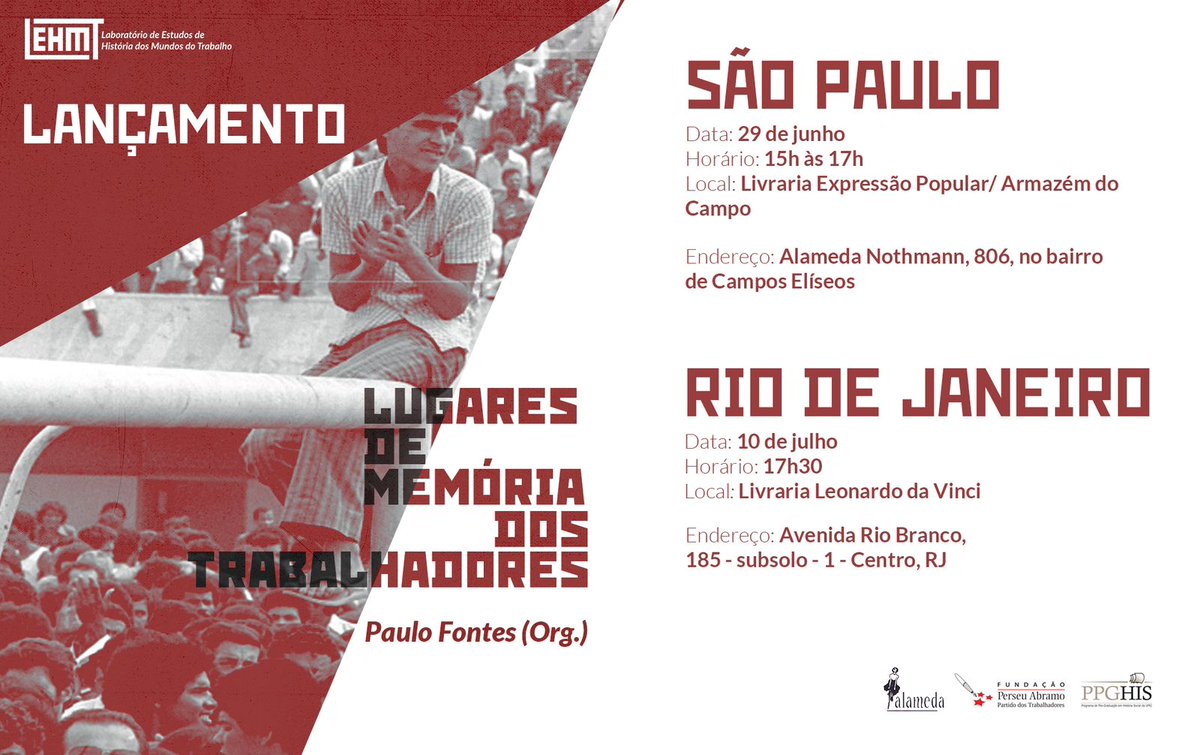 lehmt_ufrj's tweet photo. Lançamento do livro "Lugares de Memória dos Trabalhadores" em São Paulo e Rio de Janeiro

O LEHMT/UFRJ tem o prazer de convidá-los para os lançamentos do livro “Lugares de Memória dos Trabalhadores”. Publicado pela Editora Alameda . https://t.co/wWx8QpEw3m