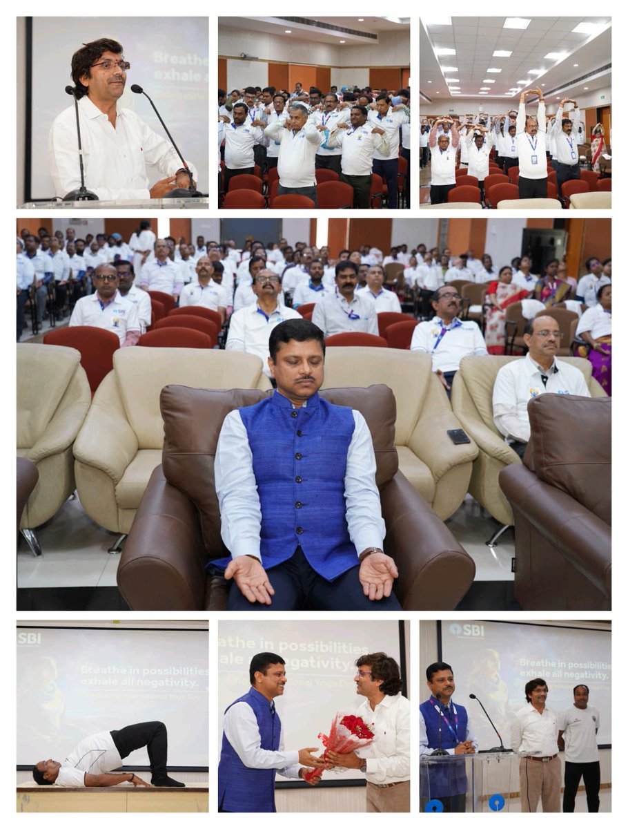CGMSBIAnd's tweet photo. International Yoga Day celebrated in our SBI Amaravati Circle, Hyderabad today 21 June 24. All staff members actively participated. 
@TheOfficialSBI 
@moayush 
#InternationalYogaDay https://t.co/CShVRaEFsd