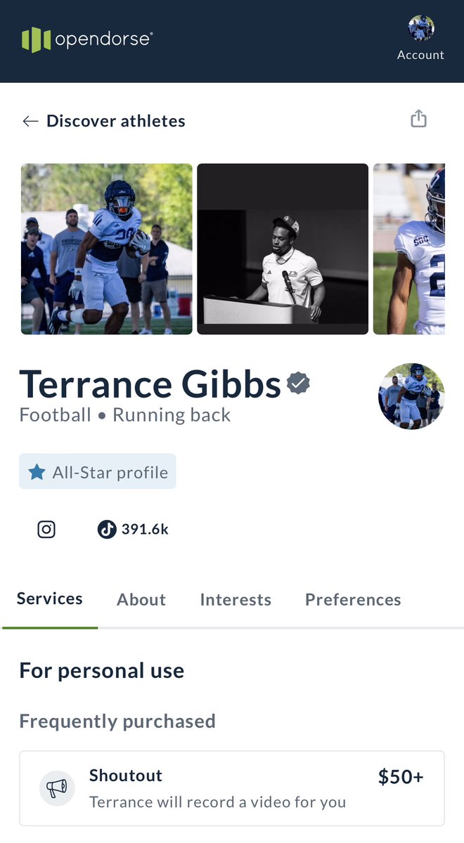 I am ready to make deals on <a href="/opendorse/">Opendorse</a> please check out my page ! I would love to use my #NIL to work with companies, brands, fans, etc.
⬇️⬇️⬇️

opndr.se/terrance-gibbs

If you're a brand that wants advertising, I have...
387.2k TikTok followers
1,940 Instagram followers