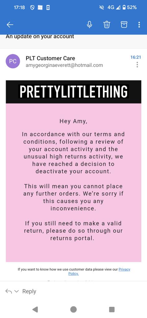 amyeverett95's tweet photo. @OfficialPLT I've just had an email come through about my account. Not impressed, of course I will return if the items don't fit or look right. Is this spam? If not please rectify! https://t.co/zDKnDQ9WNu