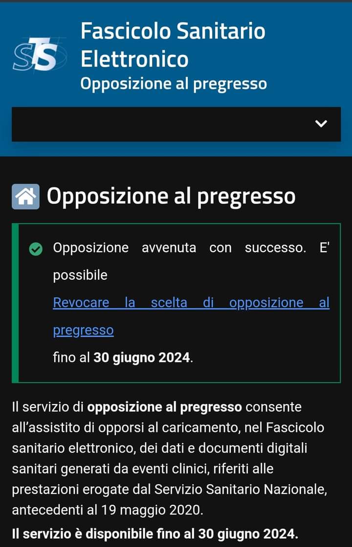 🚨OPPOSIZIONE AL PREGRESSO🚨
Fino al 30 giugno hai la possibilità di opporti all'inserimento dei tuoi dati sanitari nel fascicolo sanitario online. 
Diciamo un secco NO a questo sistema che vuole introdurre gradualmente l'identità digitale per controllarci come schiavi.

👇👇👇
