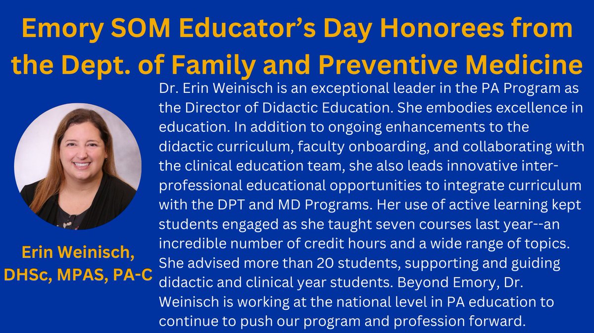 Emory Dept of Family & Preventive Medicine (@emoryfammed) on Twitter photo Our <a href="/EmoryFamMed/">Emory Dept of Family & Preventive Medicine</a> faculty are exceptional educators! Congratulations to <a href="/EmoryPASOM/">Emory PA Program</a> faculty Dr. Erin Weinisch on her recognition for <a href="/EmoryMedicine/">Emory School of Medicine</a> 2024 Educator's Day! Our <a href="/EmoryFamMed/">Emory Dept of Family & Preventive Medicine</a> faculty are exceptional educators! Congratulations to <a href="/EmoryPASOM/">Emory PA Program</a> faculty Dr. Erin Weinisch on her recognition for <a href="/EmoryMedicine/">Emory School of Medicine</a> 2024 Educator's Day!