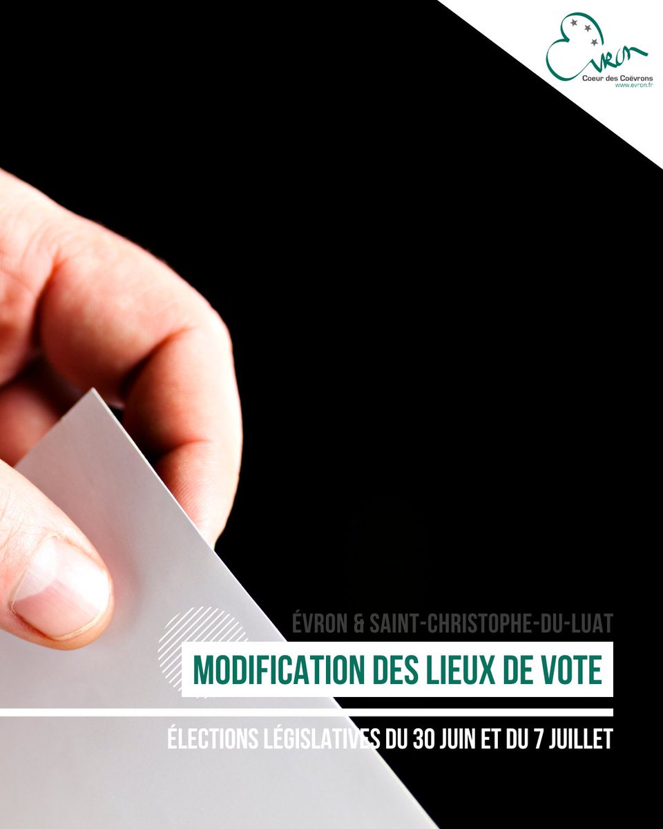 🗳️ Changement de lieux de vote pour les prochaines élections législatives les 30 juin et 7 juillet
👉🏻 Habitants d’𝗘́𝘃𝗿𝗼𝗻 : 𝗛𝗮𝗹𝗹 𝗱𝗲𝘀 𝗘𝘅𝗽𝗼𝘀𝗶𝘁𝗶𝗼𝗻𝘀
👉🏻 Habitants de 𝗦𝗮𝗶𝗻𝘁-𝗖𝗵𝗿𝗶𝘀𝘁𝗼𝗽𝗵𝗲-𝗱𝘂-𝗟𝘂𝗮𝘁 : 𝗹’𝗲́𝗰𝗼𝗹𝗲 𝗟𝗲𝘀 𝗣𝗲𝘁𝗶𝘁𝘀 𝗟𝘂𝗮𝘁𝗮𝗶𝘀