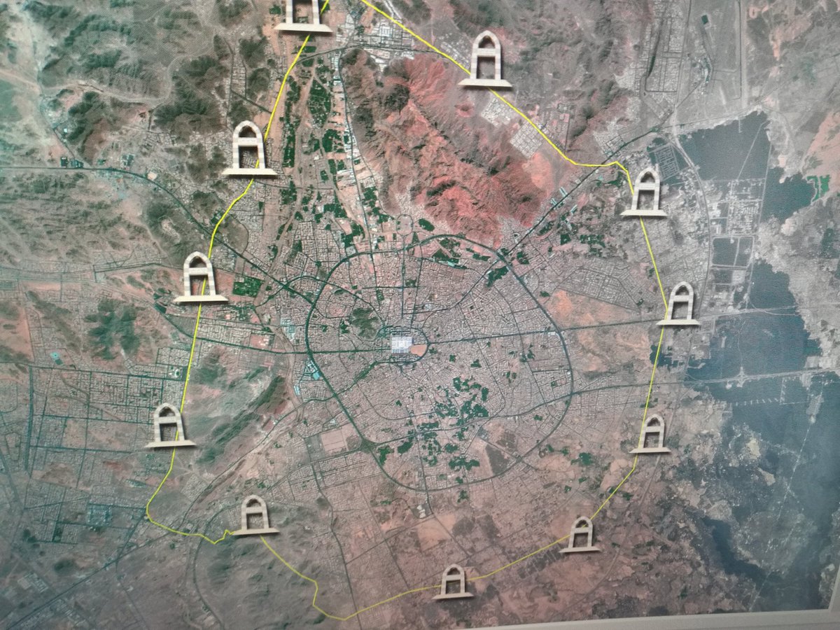 Map showing the defined boundary of Madinah Munawwarah and where markers have been placed to indicate the boundary. 

In the centre is Masjid-e-Nabwi and Mount Uhud can be seen at the top.  The Dajjal (Anti-Christ) will not be able to enter Madinah, as per the hadith of the
