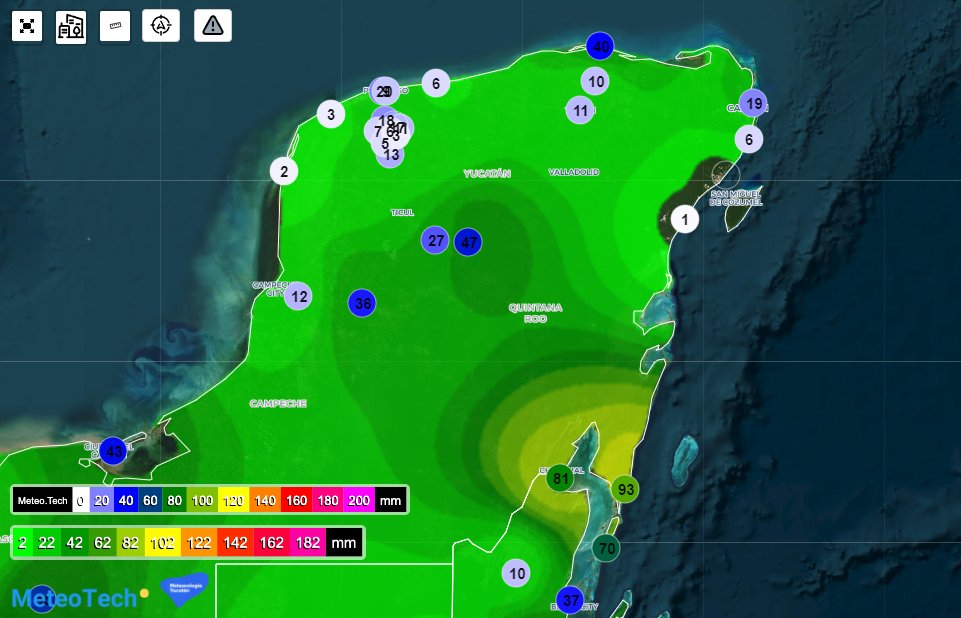 🌧️ Análisis de lluvias registradas en las últimas 24hrs por la Red De Monitoreo Atmosférico Peninsular muestra una mayor intensidad de precipitacion sobre el centro y sur de #QuintanaRoo, y sur de #Yucatán y #Campeche.

Más info de este análisis.
meteo.tech