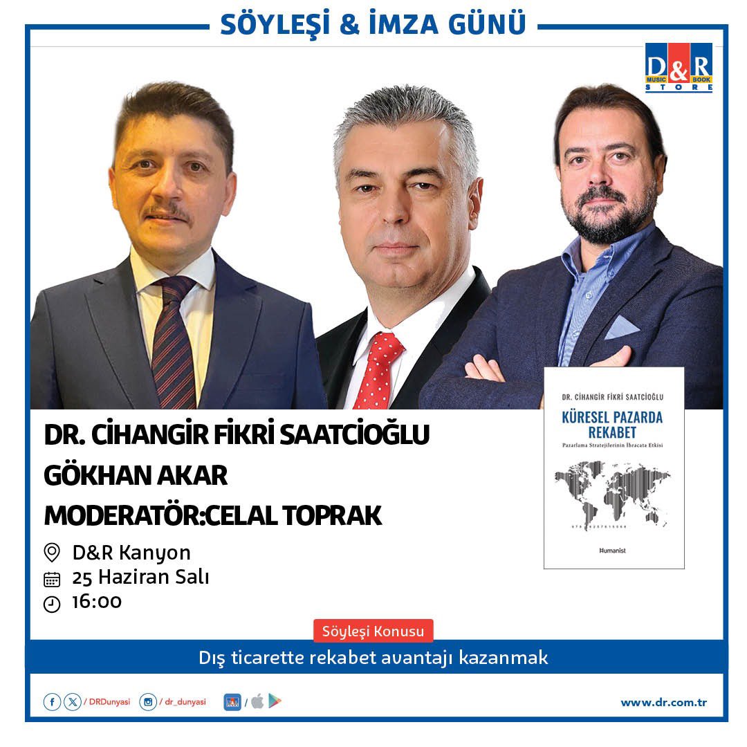 25 Haziran Salı  günü Kanyon  , D&amp;R mağazasında saat
16:00’da  düzenlenecek Kitabımın söyleşi&amp;imza gününe katılımınızdan büyük memnuniyet duyacağız. Bekleriz!
<a href="/DRdunyasi/">D&R</a> <a href="/humanistkitap/">Hümanist Kitabevi</a> #küreselpazardarekabet