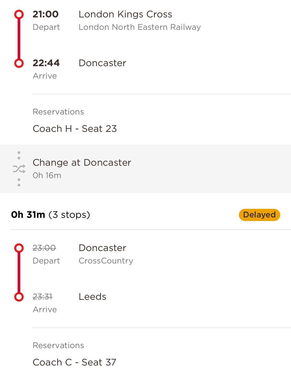 Hi <a href="/LNER/">London North Eastern Railway</a> and <a href="/CrossCountryUK/">CrossCountry Trains</a>.
I’m booked on the LNER 9pm from Kings X but changing at Doncaster at 22:44 for the CrossCountry 23:00 to Leeds. Very cryptic message about the last leg. What’s happening?