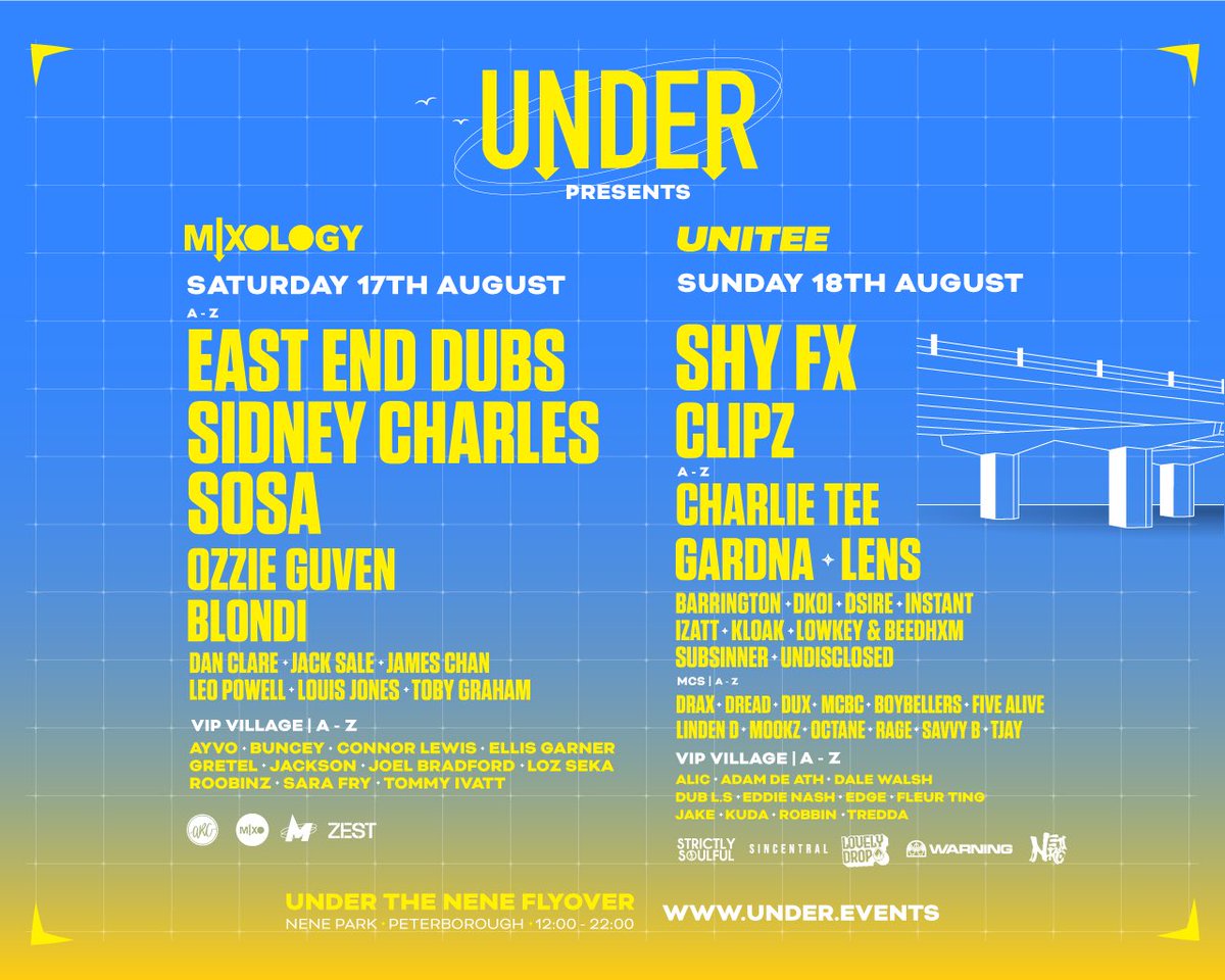 🚨 UNDER AUGUST FULL LINEUP ANNOUNCEMENT ‼️

<a href="/SidneyCharlesM/">Sidney Charles Music</a>, Clipz, Ozzie Guven, Lens, Blondi &amp; Gardna joins Shy FX, East End Dubs, SOSA &amp; Charlie Tee for Under’s August Weekender lineup!

🎟️ TICKETS &amp; INFO
under.events