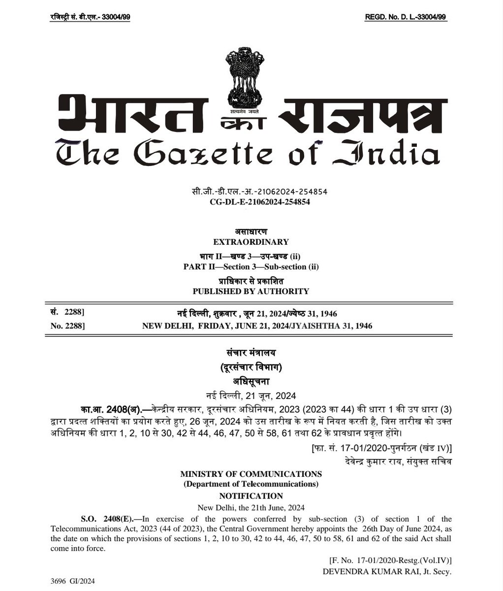 neerajmittalias's tweet photo. The Telecommunications Act 2023 comes into force on 26th June 2024 replacing 150 year old Indian Telegraph Act as per notification. Our guiding principles - Samavesh, Suraksha, Vriddhi and Tvarit will help us achieve the vision of Viksit Bharat @PMOIndia @JM_Scindia @PemmasaniOnX https://t.co/B5jZBpKfRk